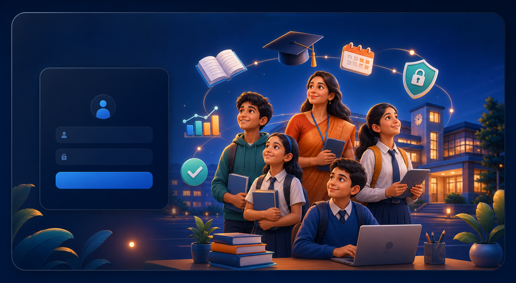 Teacher and students using a connected digital school platform